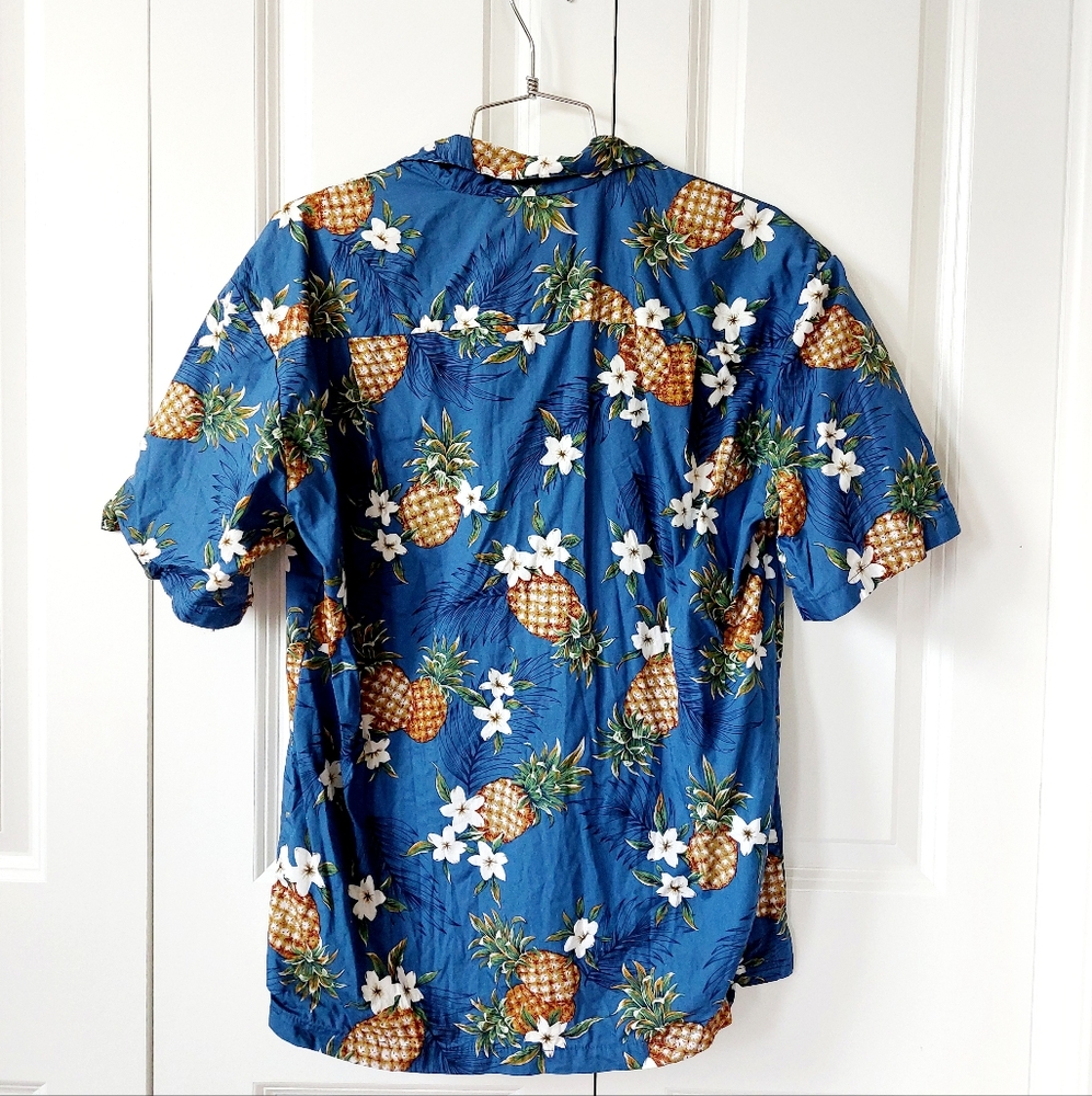 Pineapple & Plumeria Flower Blue Hawaiian Shirt size Small Ky's Hawaii Magnum PI - Picture 2 of 5